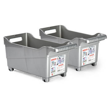 Plasticforte opberg Trolley Container - 2x - zilver - L38 x B18 x H18 cm - kunststof - Opberg trolley