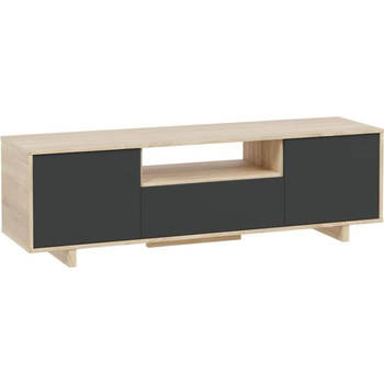 ZAIRA TV-meubel - Antraciet en eiken melamine - 3 Deurs - L150 x D41 x H46 cm