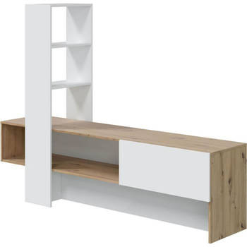 LISS TV-meubel - Wit en eiken melamine - 1 klapdeur + 1 plank - L178 x D43 x H136 cm