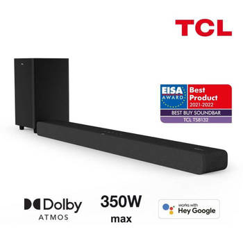 TCL TS8132 Soundbar met draadloze subwoofer - Dolby Atmos 3.1.2 - 350 W - Chromecast ingebouwd - Apple AirPlay