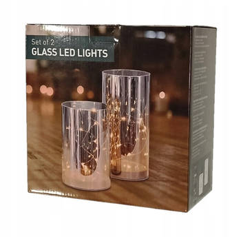 Windlicht van glas met LED - Zilver - 2 stuks