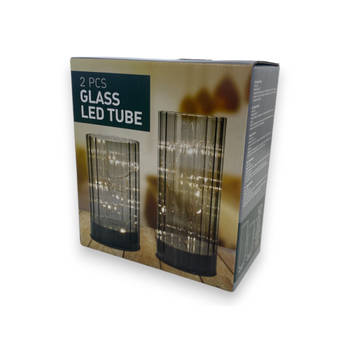 Windlicht van glas met LED - Grijs - 2 stuks