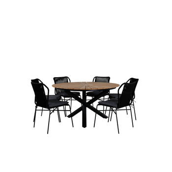 Mexico tuinmeubelset tafel Ø140cm en 6 stoel Julian zwart, naturel.