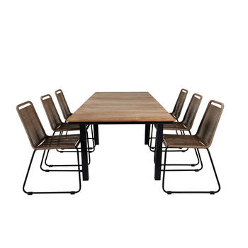 Mexico tuinmeubelset tafel 90x160/240cm en 6 stoel stapelL Lindos zwart, naturel.