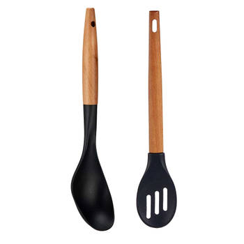 kook/keuken gerei - set van 2x stuks - zwart - hout/kunststof - keuken/kook accessoires - Soeplepels