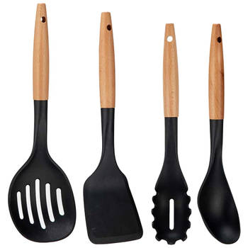 Kook/keuken gerei - set van 4x stuks - zwart/bruin - kunststof/hout - kook accessoires - Soeplepels