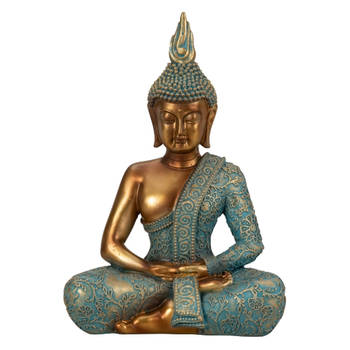 Boeddha beeld Shaman - binnen/buiten - kunststeen - goud/jade - 17 x 25 cm - Beeldjes