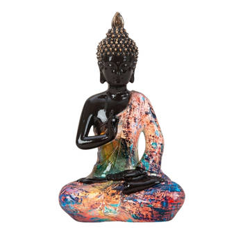 Boeddha beeld Colorfull - binnen/buiten - kunststeen - zwart/kleurenmix - 16 x 26 cm - Beeldjes
