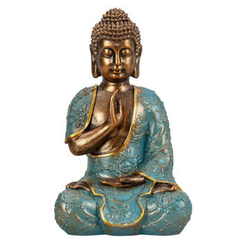 Boeddha beeld Shaman - binnen/buiten - kunststeen - goud/jade - 14 x 23 cm - Beeldjes