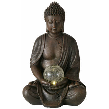 Deco by Boltze Boeddha beeld met lichtje in bol - kunststeen - antiek bruin - 24 x 20 x 37 cm - Beeldjes