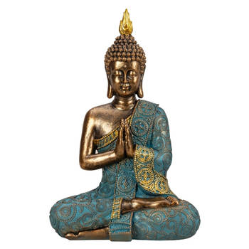 Boeddha beeld Shaman - binnen/buiten - kunststeen - goud/jade - 20 x 30 cm - Beeldjes