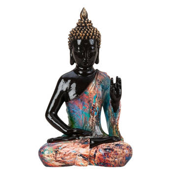 Boeddha beeld Colorfull - binnen/buiten - kunststeen - zwart/kleurenmix - 18 x 31 cm - Beeldjes