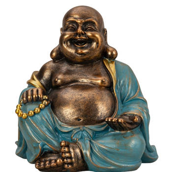 Boeddha beeld Happy Shaman - binnen/buiten - kunststeen - goud/jade - 22 x 23 cm - Beeldjes