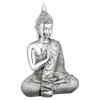 Cepewa Boeddha beeldje - poyresin - glimmend zilver - 17 cm - voor binnen/buiten - Beeldjes