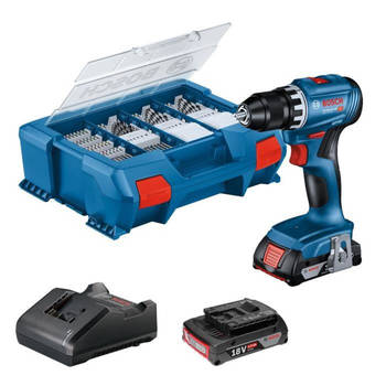 Bosch Professional GSR 18V ??Drill Boor + 2 Batterijen 2.0Ah + Charger + 82 stuks, in L-Case