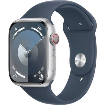 Apple Watch Series 9 GPS + mobiel - 45 mm - Kast van zilverkleurig aluminium - Stormblauw sportbandje - S/M