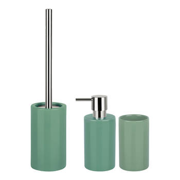 Spirella Badkamer accessoires set - WC-borstel/zeeppompje/beker - porselein - groen - Badkameraccessoireset