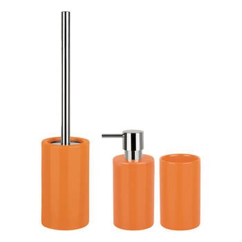 Spirella Badkamer accessoires set - WC-borstel/zeeppompje/beker - porselein - oranje - Badkameraccessoireset