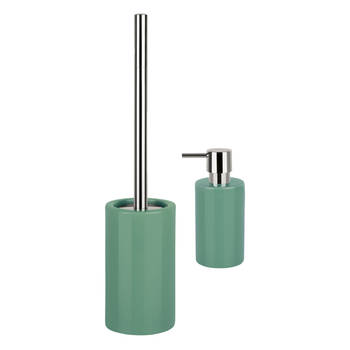 Spirella Badkamer accessoires set - WC-borstel/zeeppompje - porselein - groen - Badkameraccessoireset