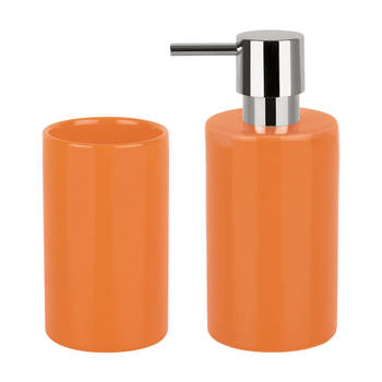 Spirella Badkamer accessoires set - zeeppompje/beker - porselein - oranje - Badkameraccessoireset