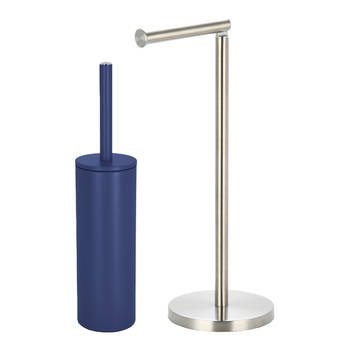 Spirella Badkamer accessoires set - WC-borstel/toiletrollen houder - donkerblauw/zilver - Badkameraccessoireset