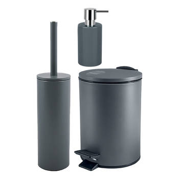 Spirella Badkamer accessoires set - WC-borstel/pedaalemmer/zeeppompje - donkergrijs - Badkameraccessoireset