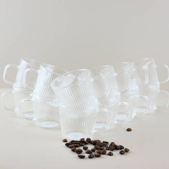 OTIX Koffiekopjes - Glazen - met Ribbel - Reliëf - Koffietassen - Set van 12 - 150ml - Glas - ROSE