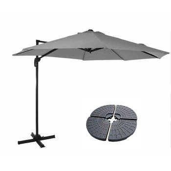 Zweefparasol set Draaibaar Roma 300 cm met Parasolvoeten - Licht Grijs