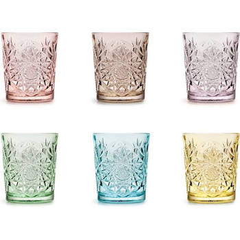 Libbey Hobstar set van 6 glazen in 6 prachtige kleuren