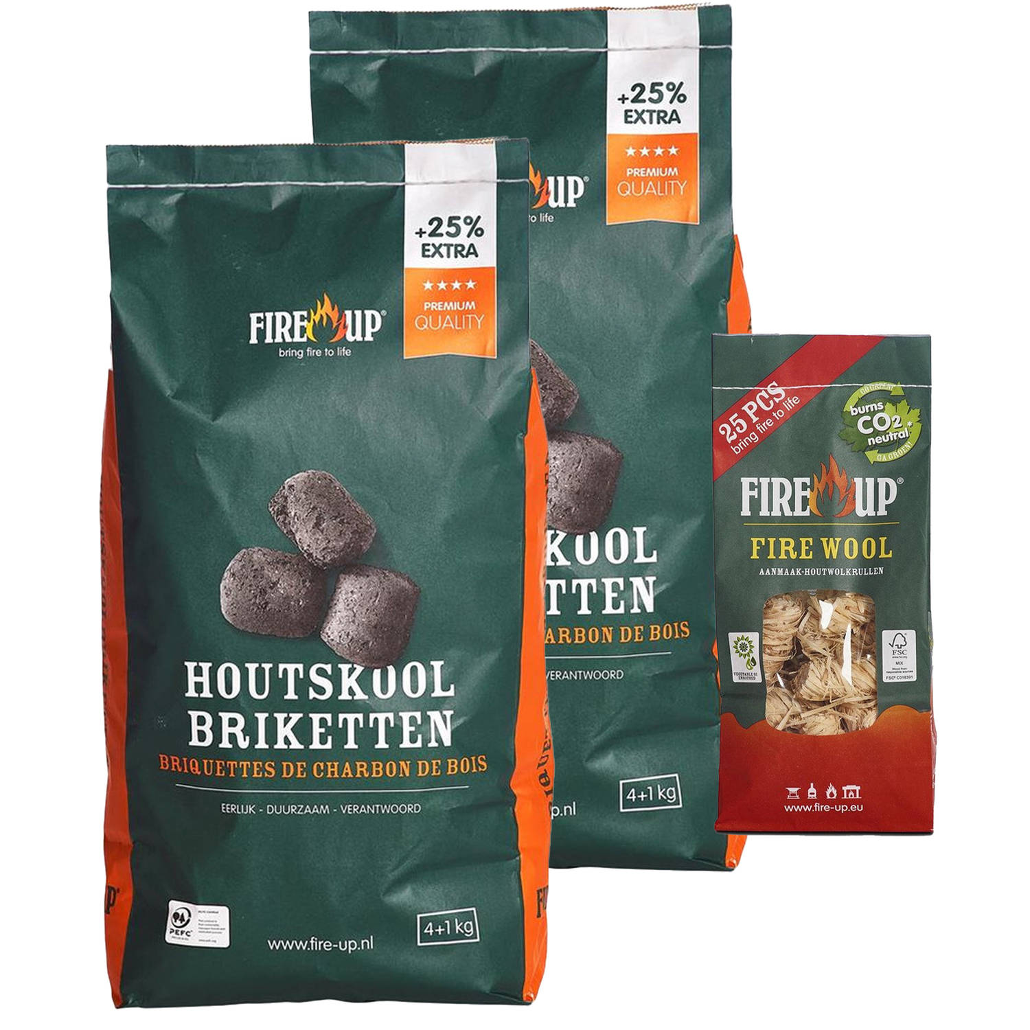 BBQ starterspakket houtskool briketten 10 kilo barbecue aanmaak houtwolkrullen 25x Briketten