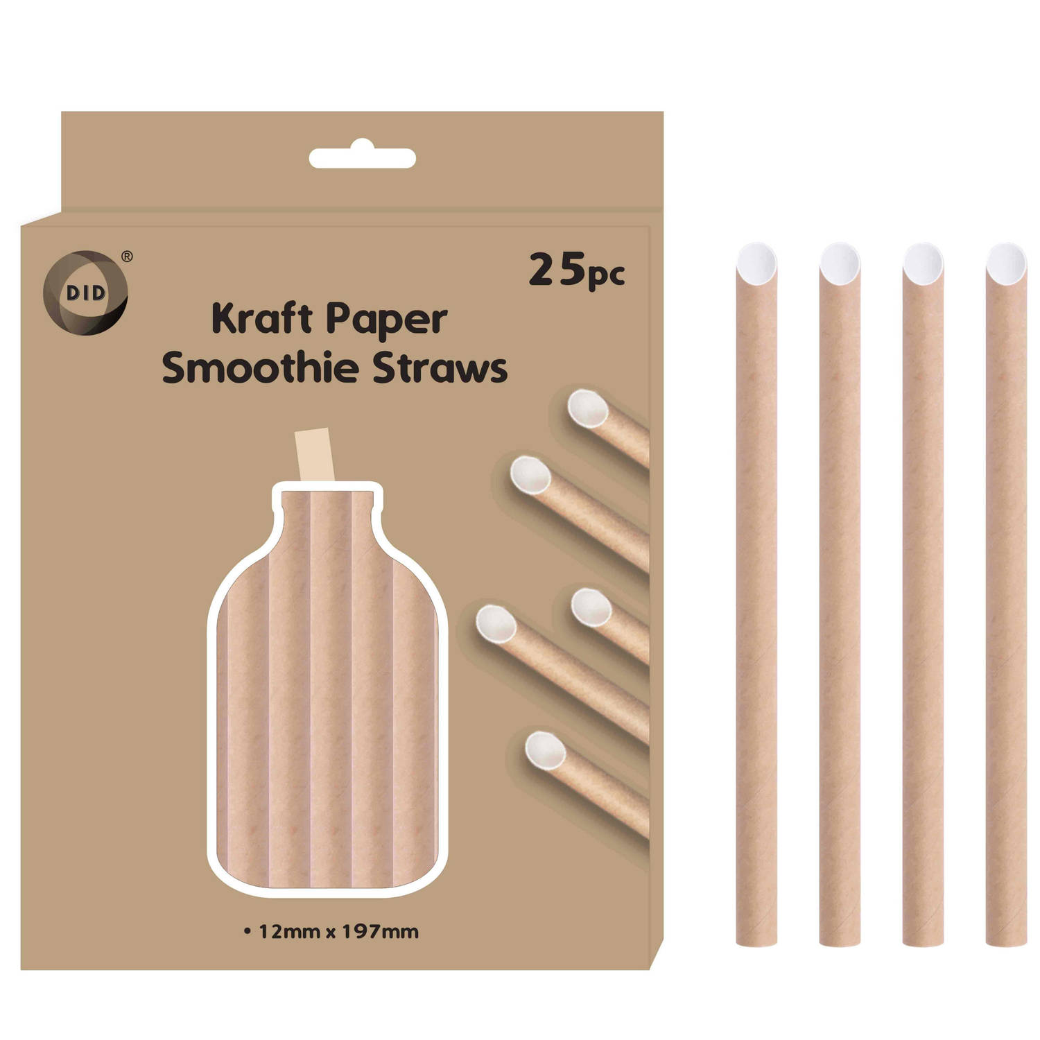 DID Kraftpapier smoothie rietjes - 25x stuks - naturel - 20cm x 1.2cm - drinksmoothie rietjes - wegwerpsmoothie rietjes - bubble tea rietjes