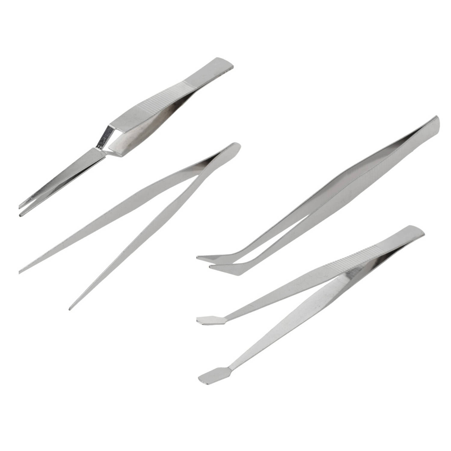 FX Tools Pincetten set 4-delig - zilver - RVS metaal - verschillende toepassingen