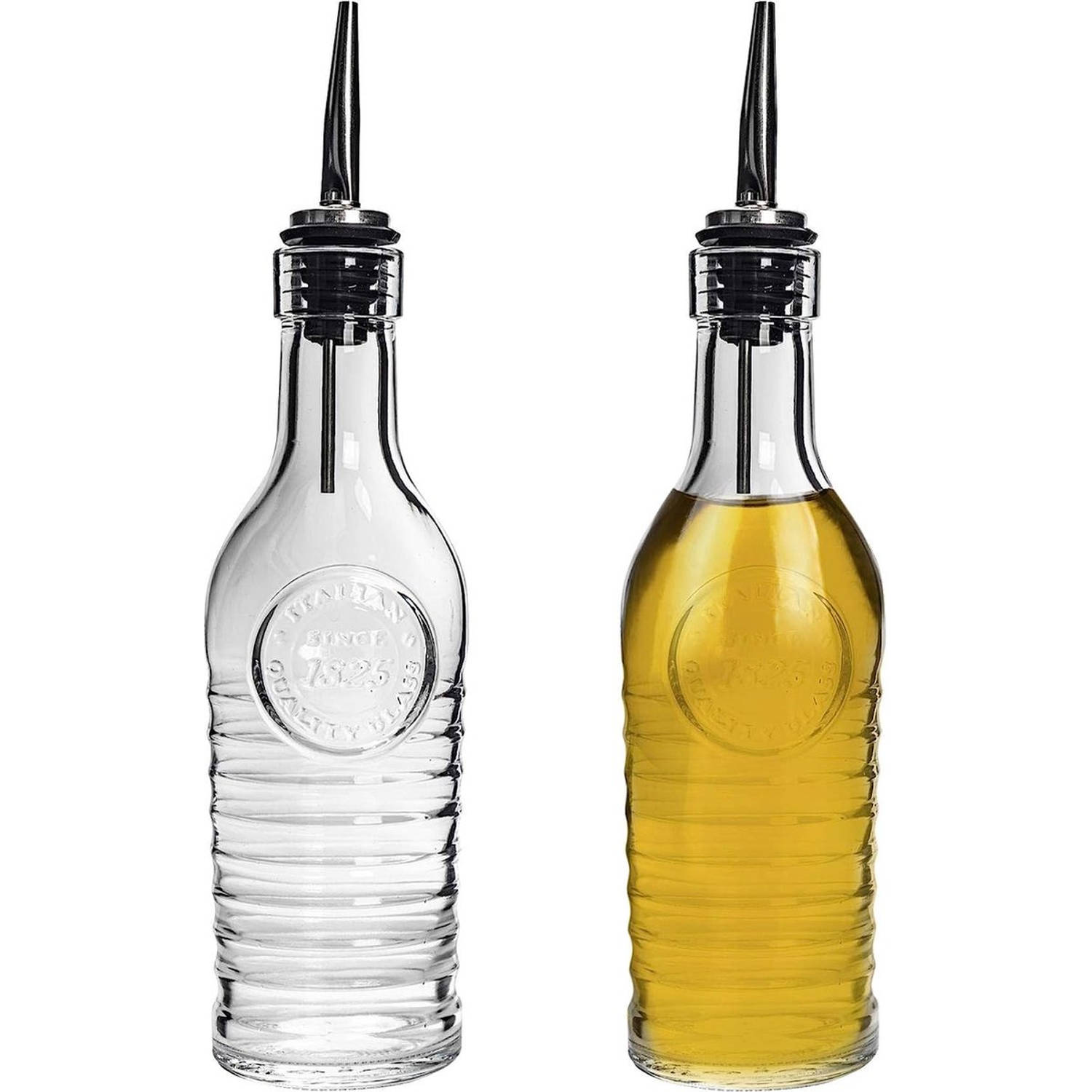 Rocco Officina 1825 glazen fles voor olijfolie en azijn - met rvs uitloop-268 ml - set van 2