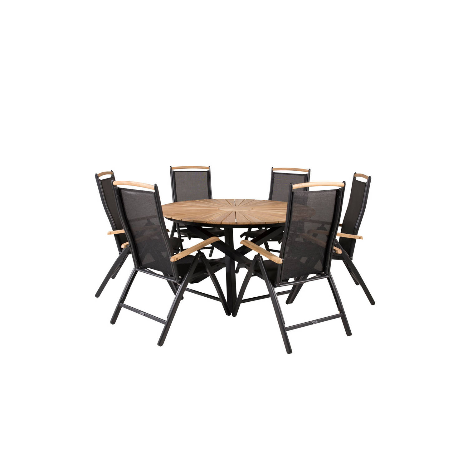 Mexico tuinmeubelset tafel Ø140cm en 6 stoel 5pos Panama zwart, naturel.