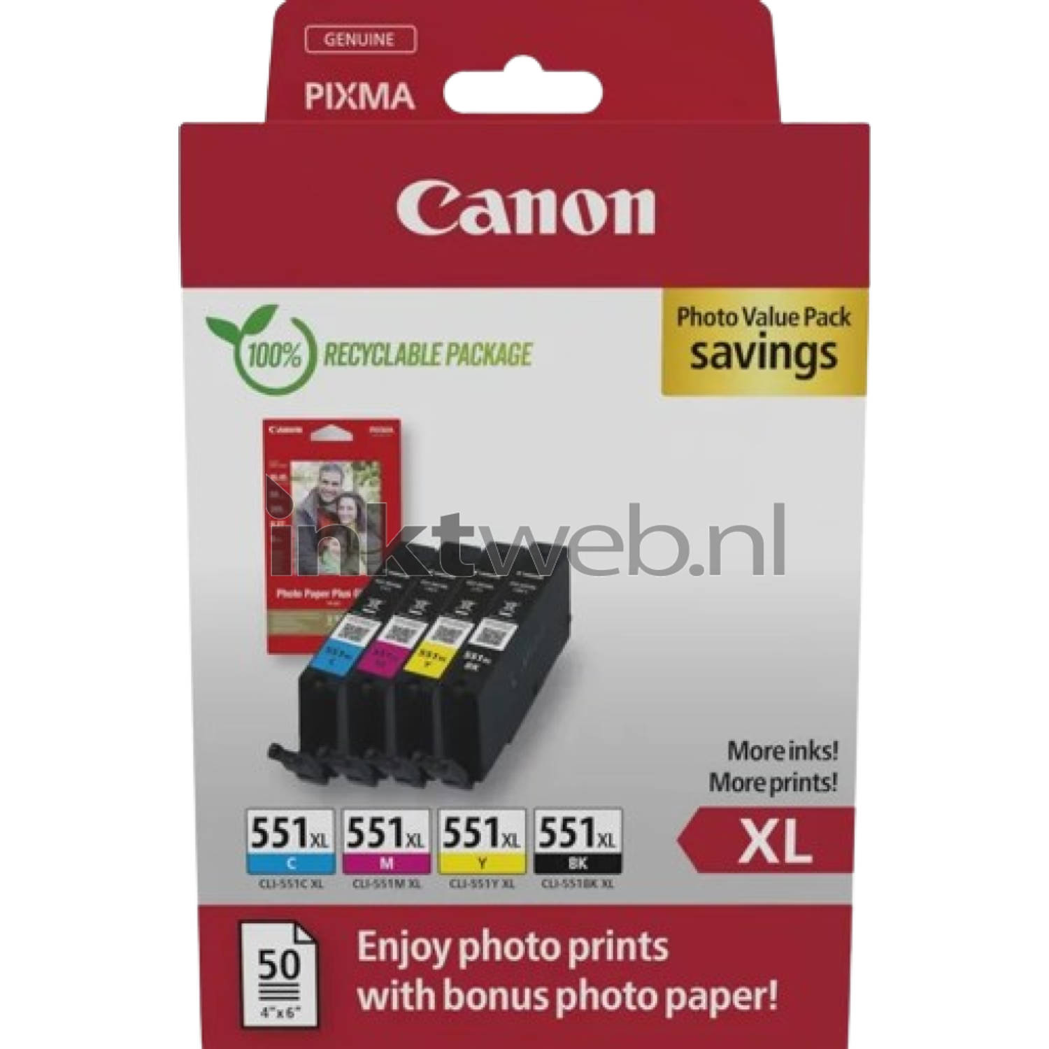 Canon Inktcartridge CLI-551XL Photo Value Pack Origineel Combipack Zwart, Cyaan, Magenta, Geel 6443B