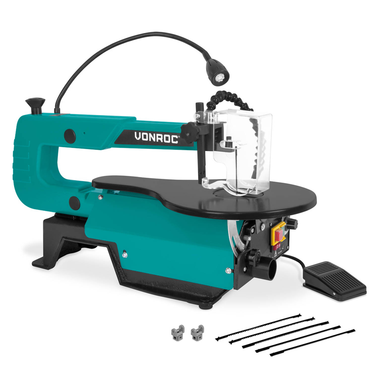 VONROC Figuurzaagmachine 120W – incl. voetpedaal – LED werklamp – Flexibele stofblazer - Incl. 6 zaagbladen
