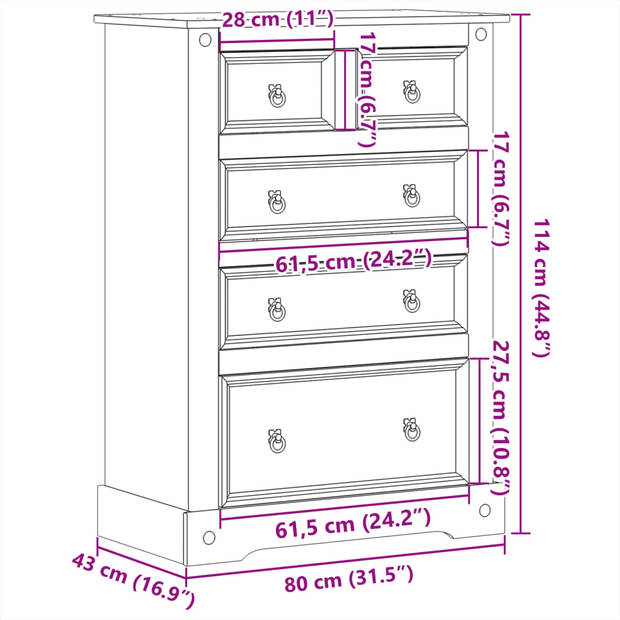 vidaXL Ladekast Corona 80x43x114 cm massief grenenhout