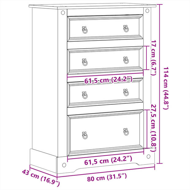 vidaXL Ladekast Corona 80x43x114 cm massief grenenhout