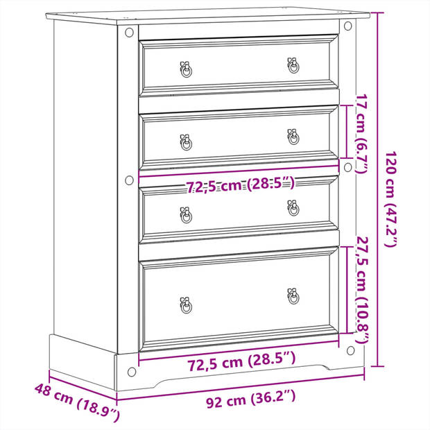 vidaXL Ladekast Corona 92x48x120 cm massief grenenhout