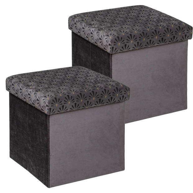 Atmosphera Poef/krukje/hocker Royal - 2x - Opvouwbare opslag box - fluweel Donkergrijs - D38 x H38 cm - Poefs