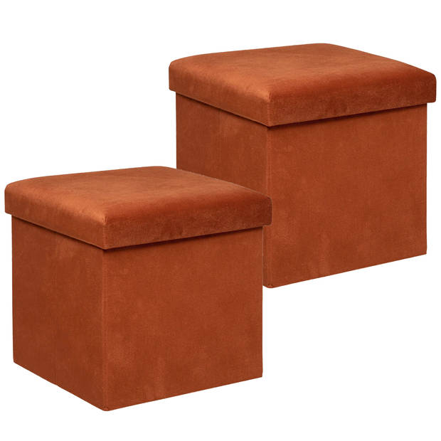 Atmosphera Poef/krukje/hocker Amber - 2x - Opvouwbare opslag box - fluweel Terracotta - D38 x H38 cm - Poefs