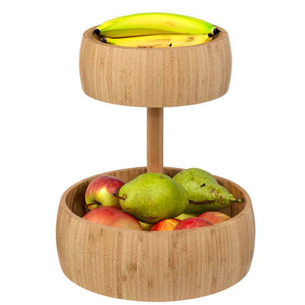 5Five Fruitschaal/fruitmand Bali XL - bamboe hout - D29 x H35 cm - bruin - rond - 2 niveaus opslag - Fruitschalen