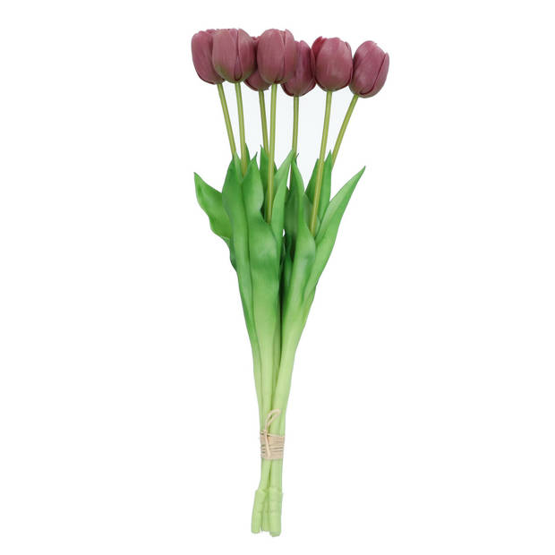 DK Design Kunst tulpen boeket - 7x stuks - aubergine paars - real touch - 43 cm - Kunstbloemen