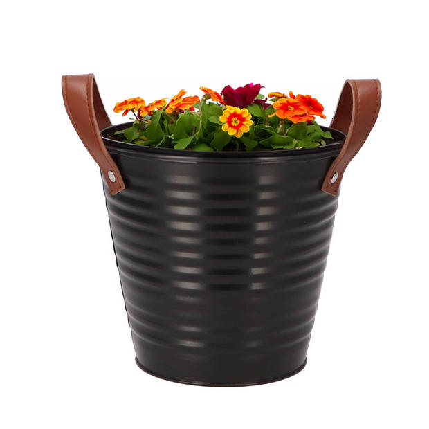 DK Design plantenpot/bloempot emmer Leather- 2x - zink - zwart - D16 x H15 cm - Plantenpotten