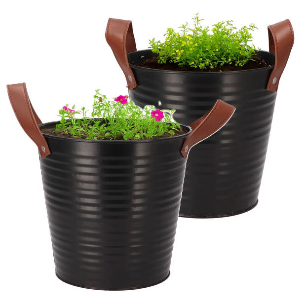 DK Design plantenpot/bloempot emmer Leather- 2x - zink - zwart - D20 x H19 cm - Plantenpotten
