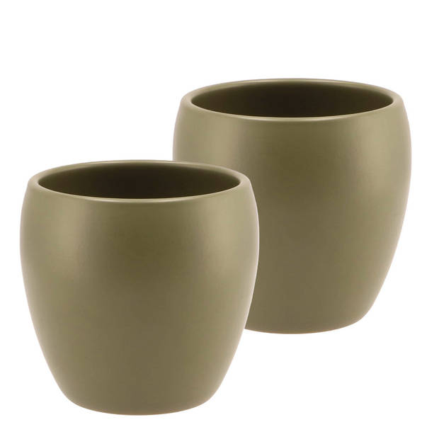 DK Design bloempot/plantenpot - 2x - Vinci - olijfgroen mat - voor kamerplant - D13 x H14 cm - Plantenpotten