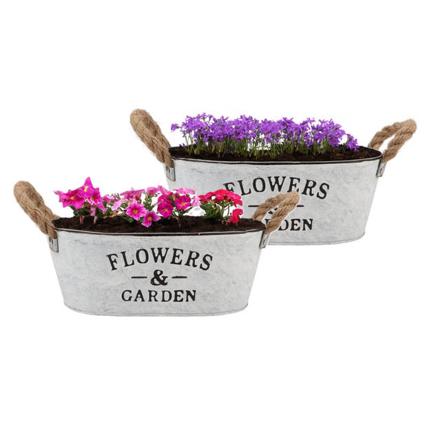 DK Design plantenpot/bloempot teil Jardin- 2x - zink - wit - L26 x D17 x H11 cm - Plantenpotten