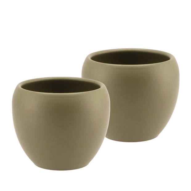 DK DesignA bloempot/plantenpot - 2x - Vinci - olijfgroen mat - voor kamerplant - D11 x H14 cm - Plantenpotten