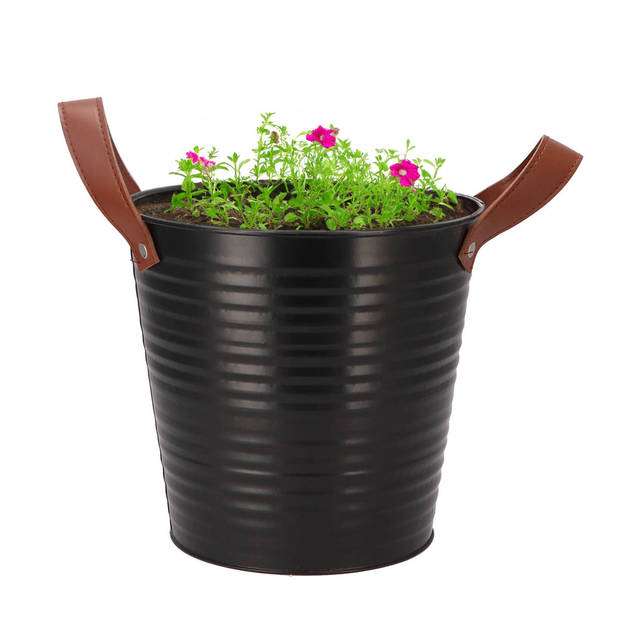 DK Design plantenpot/bloempot emmer Leather- 2x - zink - zwart - D20 x H19 cm - Plantenpotten