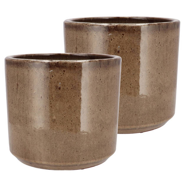 DK Design Bloempot model Brown Glaze - 2x - taupe - D18 x H20 cm - glanzend - Plantenpotten